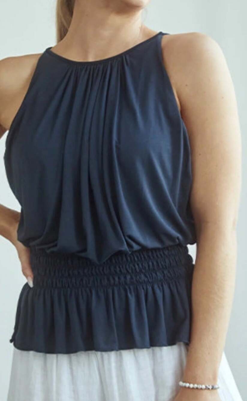 Ramy Brook Lauren Navy Satin Sleeveless High Halter Neck Smocked Top Blouse Sz L